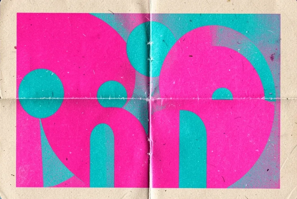 A risograph zine spread in fluorescent pink and teal with grain and misregistration
