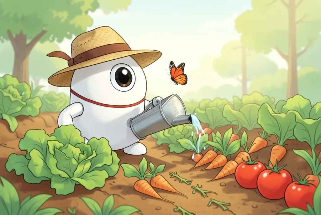 A small white robot with a straw hat watering a vegetable garden with a watering can.