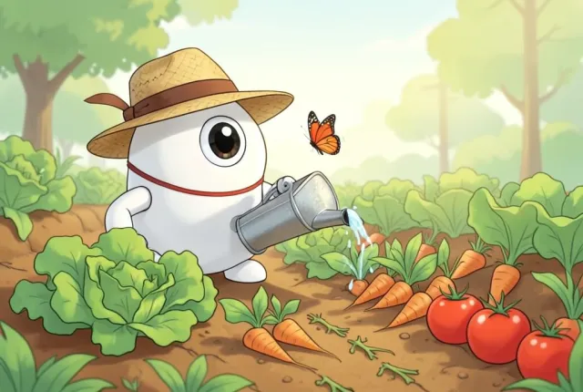 A small white robot with a straw hat watering a vegetable garden with a watering can.