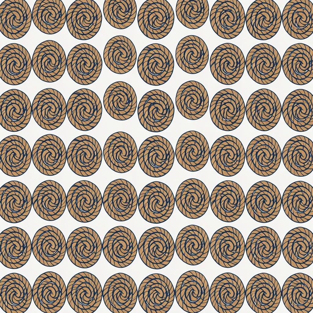 A seamless top-down pattern of neatly coiled nautical rope in hemp and navy.