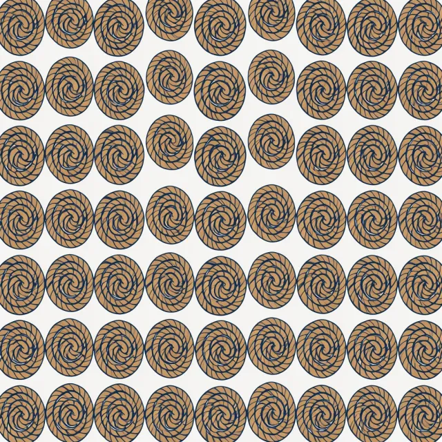A seamless top-down pattern of neatly coiled nautical rope in hemp and navy.