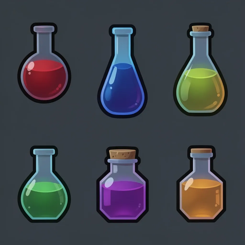 Nine glowing fantasy potion bottle icons in a grid on dark slate, each a different silhouette