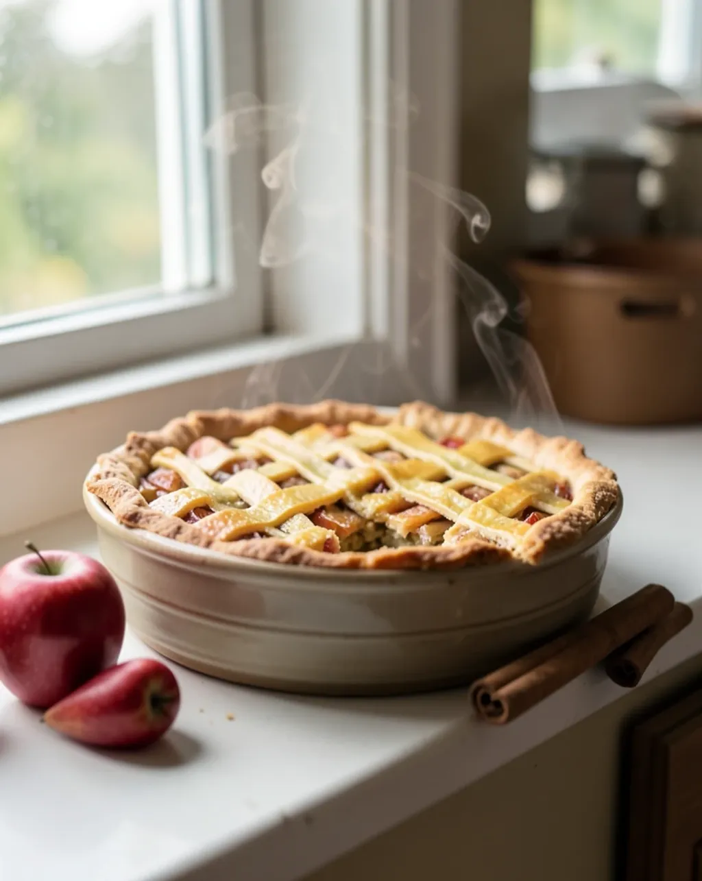 Rustic lattice-top apple pie on a window sill with apples, cinnamon sticks, and afternoon light