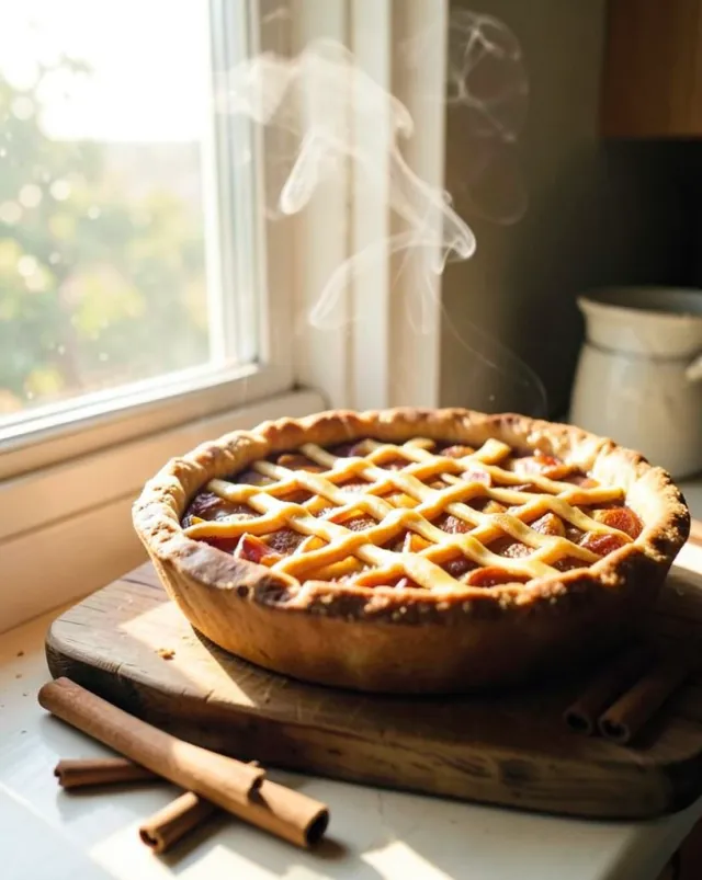 Golden lattice-top apple pie cooling on a wooden board by a sunny window with steam and cinnamon sticks