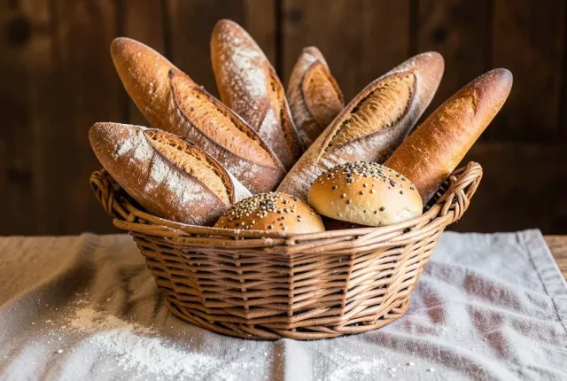 Woven basket overflowing with crusty sourdough loaves, baguettes, and seeded rolls with flour-dusted linen