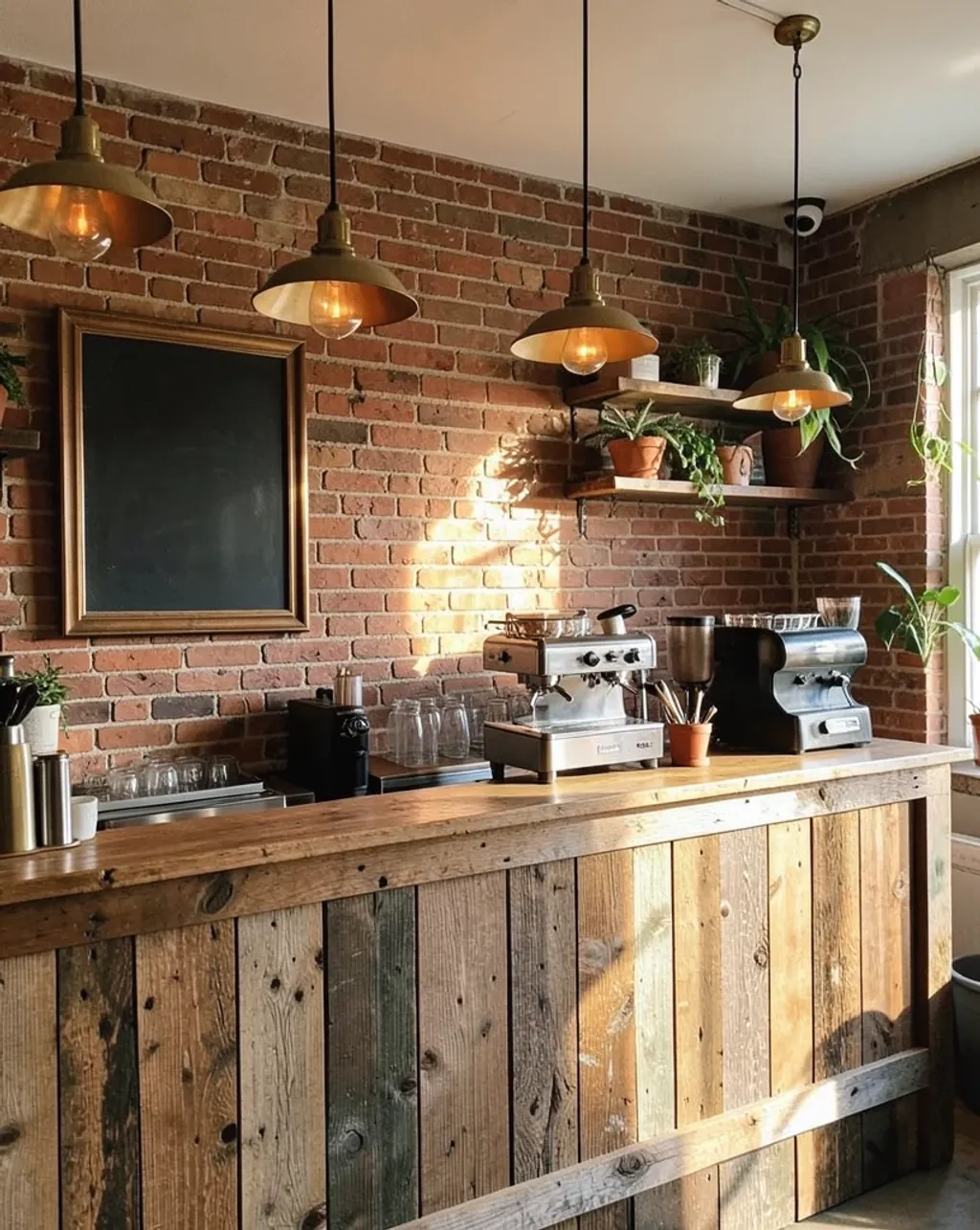 Rustic coffee shop interior with reclaimed wood bar, brick wall, brass lights, and vintage espresso machine