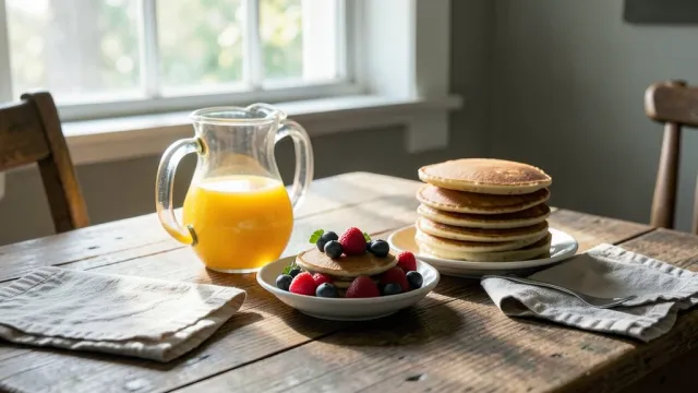 Rustic farmhouse breakfast table with orange juice, pancakes, berries, and morning window light
