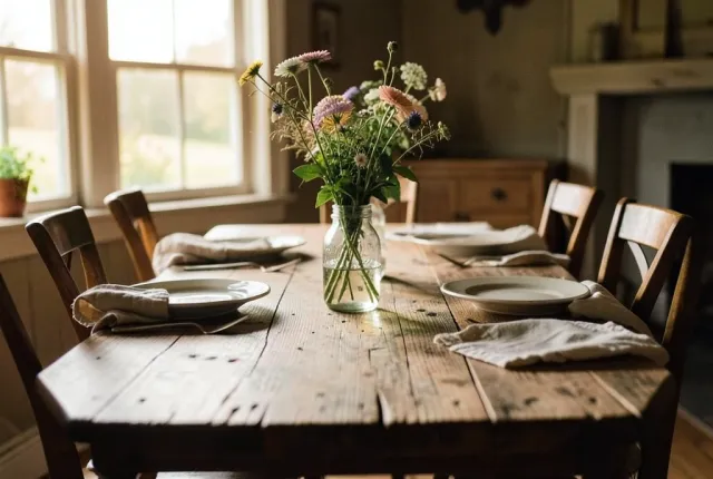 Long wooden farmhouse dining table with ceramic plates, linen napkins, and mason jar wildflowers