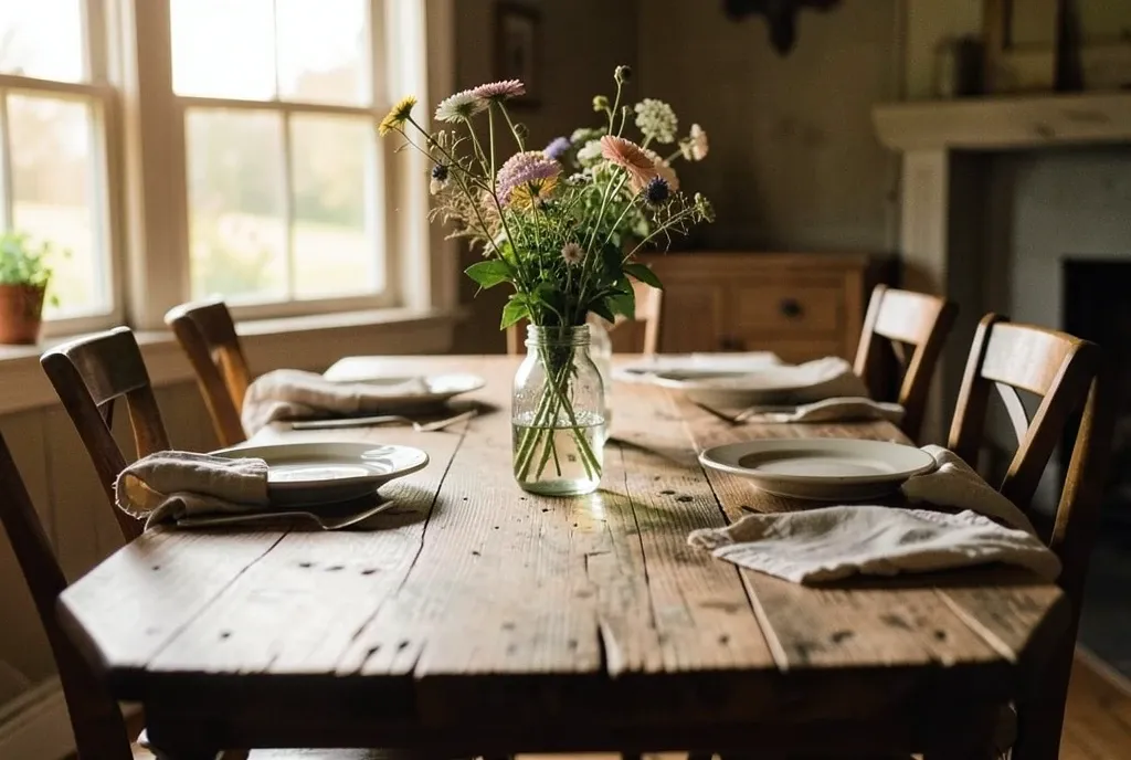 Long wooden farmhouse dining table with ceramic plates, linen napkins, and mason jar wildflowers