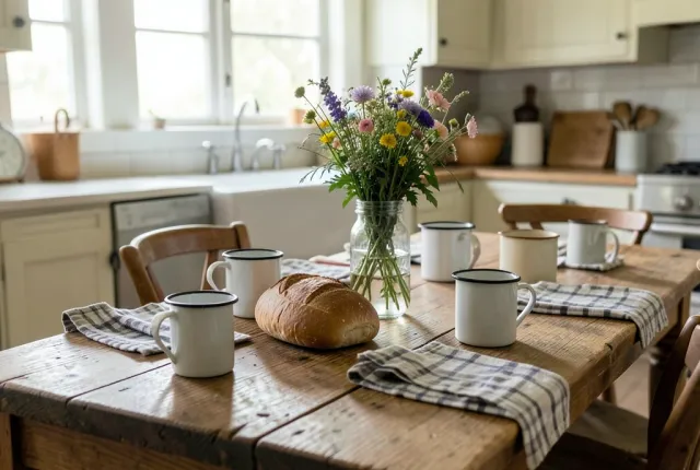 Long wooden farmhouse table with enamel mugs, bread, wildflowers, and checked napkins in morning light