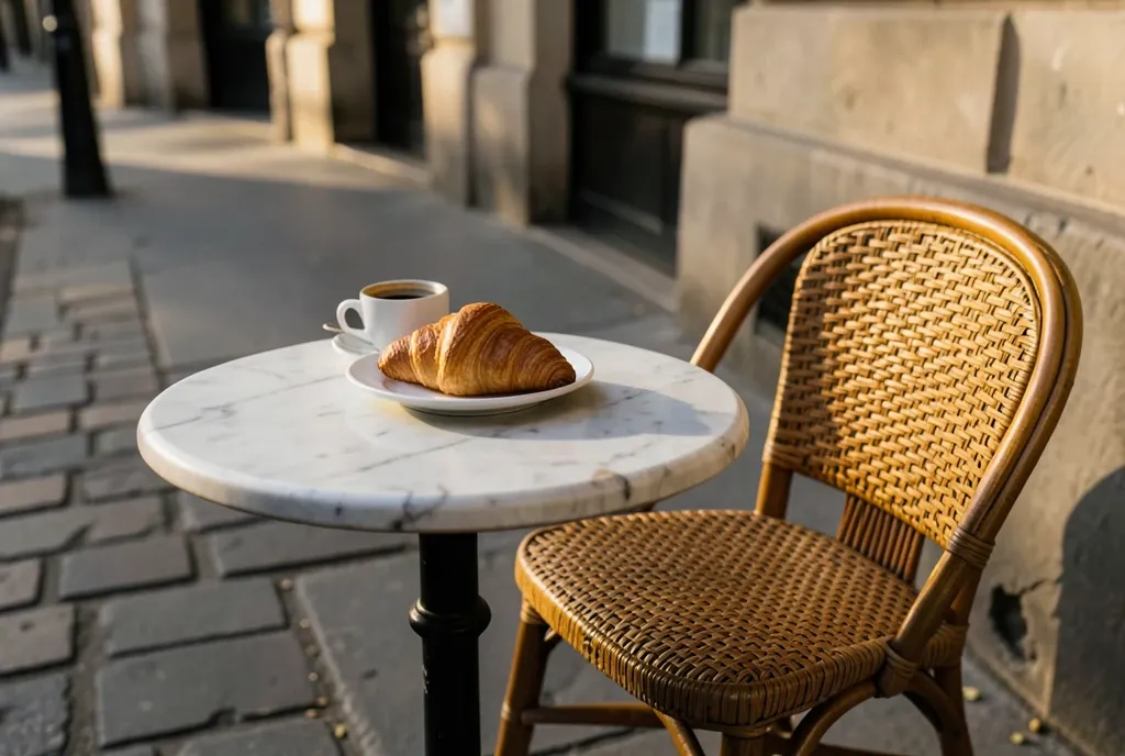 Small marble-top bistro table on a Parisian sidewalk with espresso, croissant, and woven chair in morning light