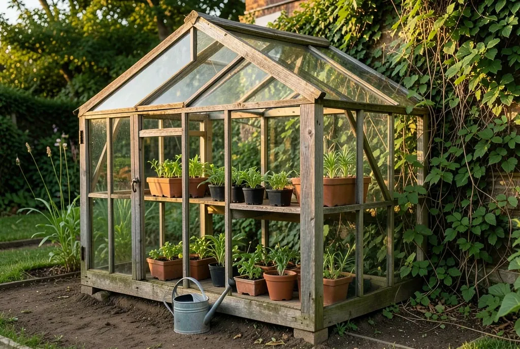 Rustic glass greenhouse with weathered wood frame, potted seedlings, watering can, and climbing vines