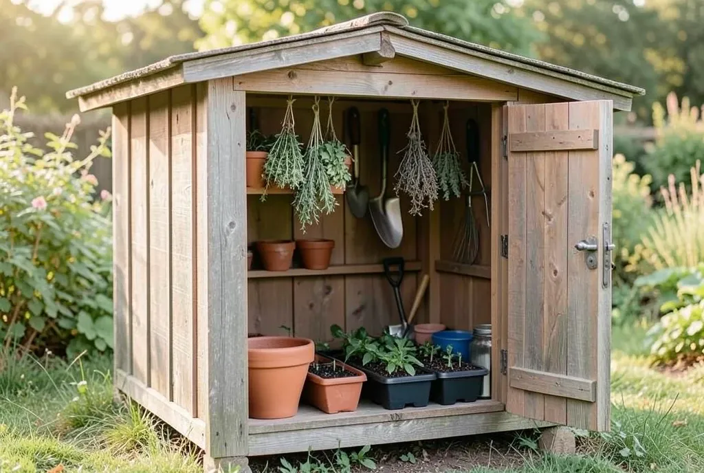Small rustic wooden potting shed with open door showing terracotta pots, dried herbs, tools, and seedling trays