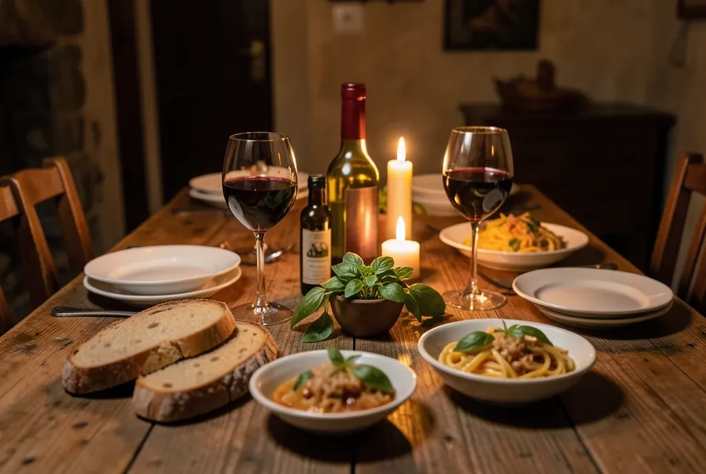 Long rustic Italian dinner table with wine, bread, olive oil, pasta, basil, and candles in warm light