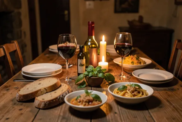 Long rustic Italian dinner table with wine, bread, olive oil, pasta, basil, and candles in warm light