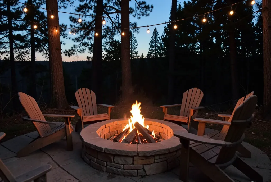 Circular stone fire pit with flames surrounded by Adirondack chairs and string lights in a forest setting