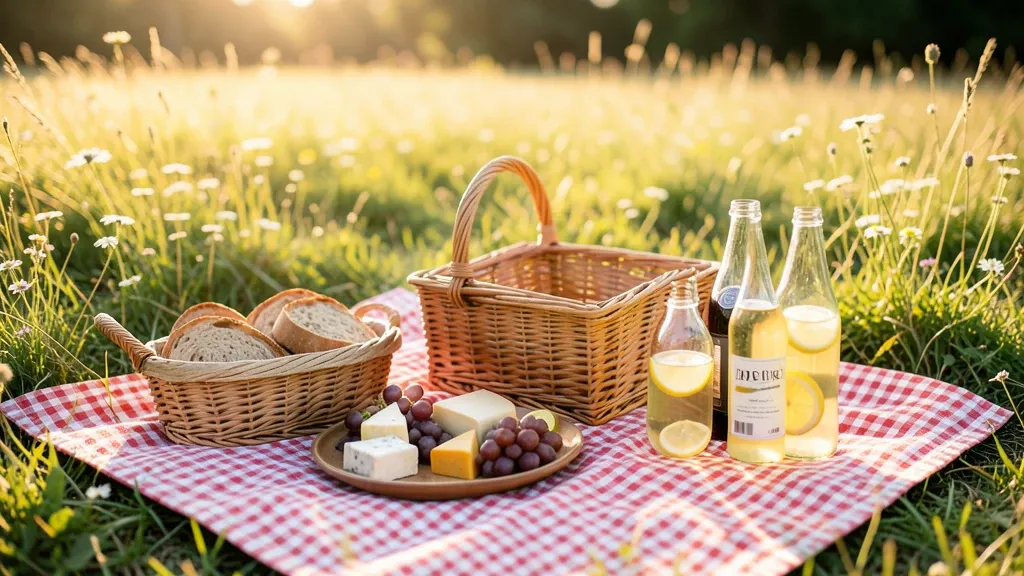 Rustic picnic setup with gingham blanket, wicker basket, bread, cheese, and lemonade in a sunny meadow