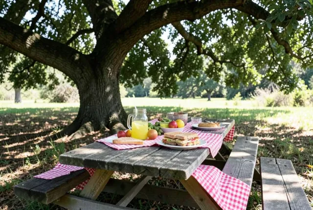Weathered wooden picnic table with gingham cloth, mason jar lemonade, fresh fruit, and sandwiches under oak tree