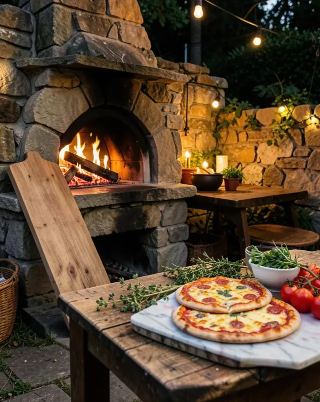 Rustic stone wood-fired pizza oven with flames, pizzas on marble, and evening garden lights