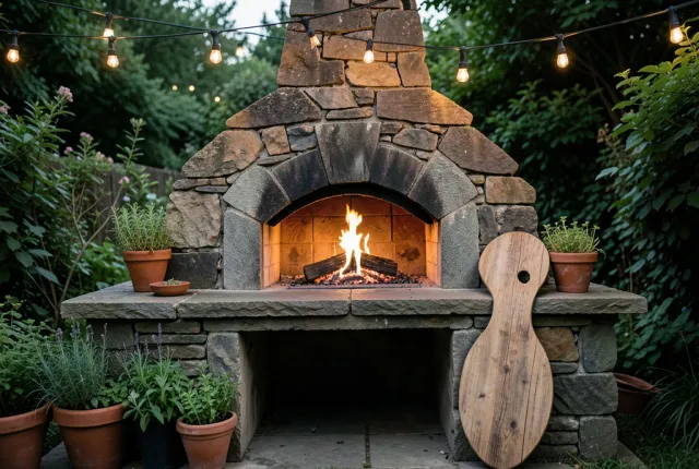 Rustic stone outdoor pizza oven with glowing fire, wooden pizza peel, string lights, and potted herbs