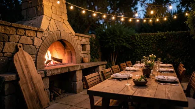 Outdoor stone pizza oven glowing with embers, wooden peel, string lights, and dinner table at evening