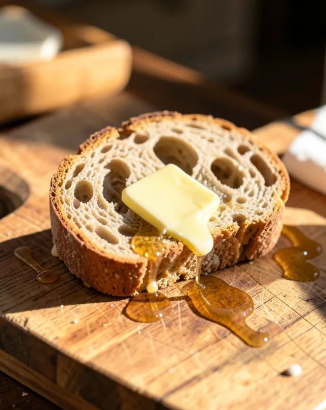 Thick slice of crusty sourdough bread with melting butter and honey drizzle on a wooden board