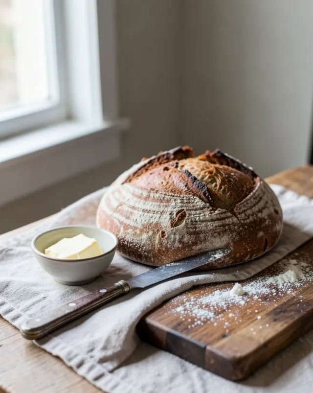 Rustic sourdough boule with butter, vintage knife, and flour dust on a wooden board in soft window light