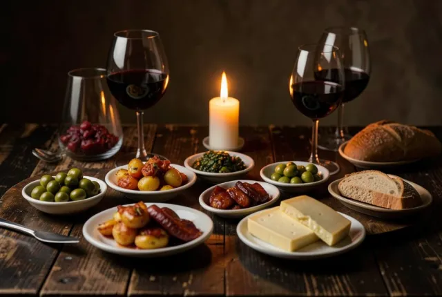 Rustic Spanish tapas table with olives, patatas bravas, chorizo, manchego, bread, and red wine in candlelight