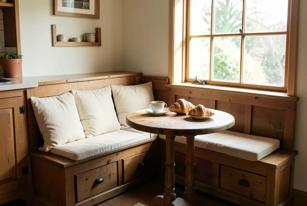 Rustic wooden breakfast nook with bench, cream cushions, round table, coffee, and morning window light