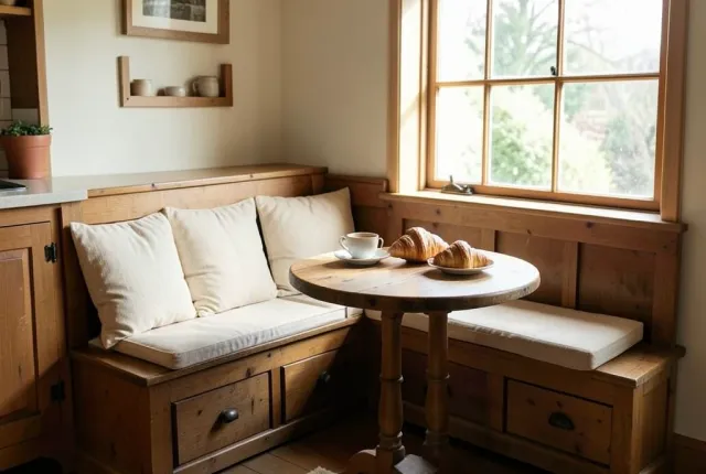 Rustic wooden breakfast nook with bench, cream cushions, round table, coffee, and morning window light
