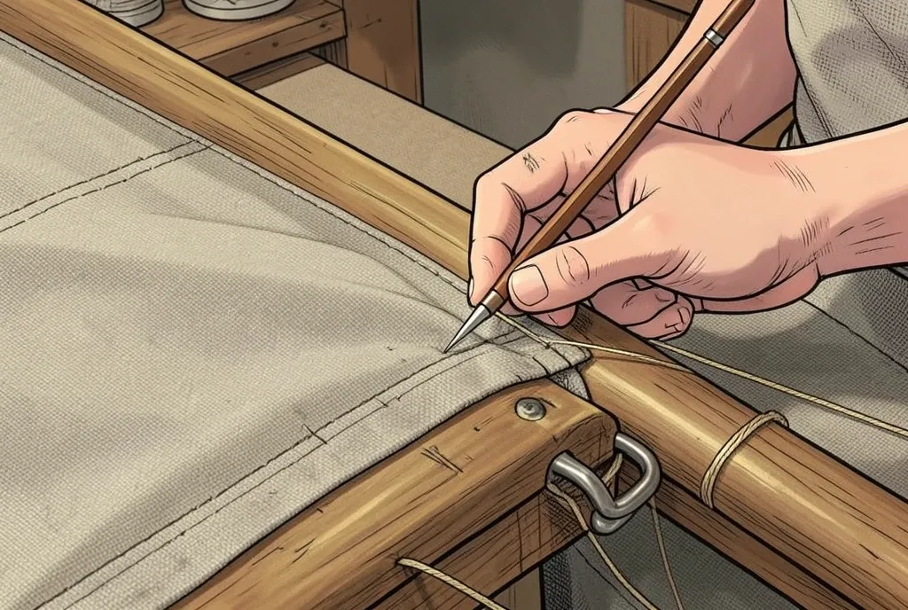A sailmaker's hands stitching canvas with a leather palm, showing a reinforced corner.