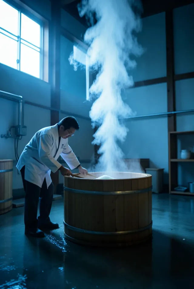 Steam rising off steamed rice in a wooden koshiki as a brewer tends it in cool light