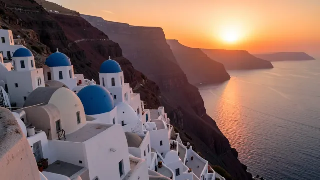 Whitewashed Santorini houses with blue domes terraced down a caldera cliff against a glowing orange sea sunset