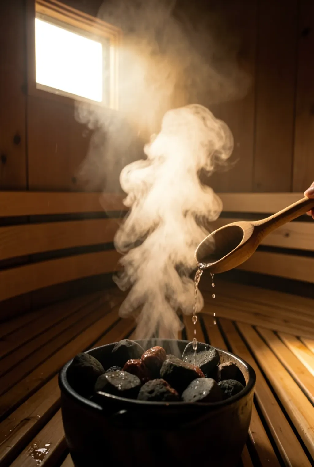 Water poured from a wooden ladle onto sauna stones, steam rising in a shaft of light