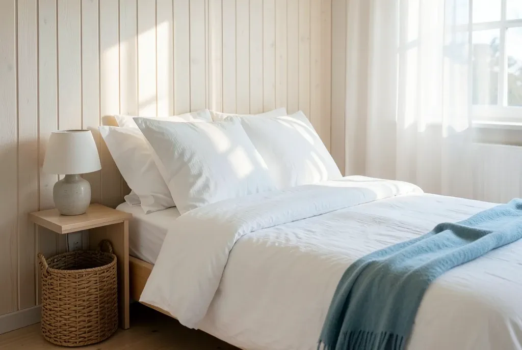 Scandinavian bedroom with white linen bed, pale wood paneling, and soft morning light