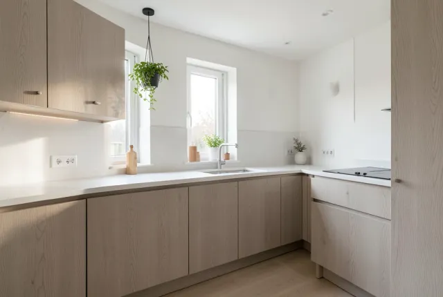 Scandinavian kitchen with pale oak cabinets, white counters and a small hanging plant in soft morning side light