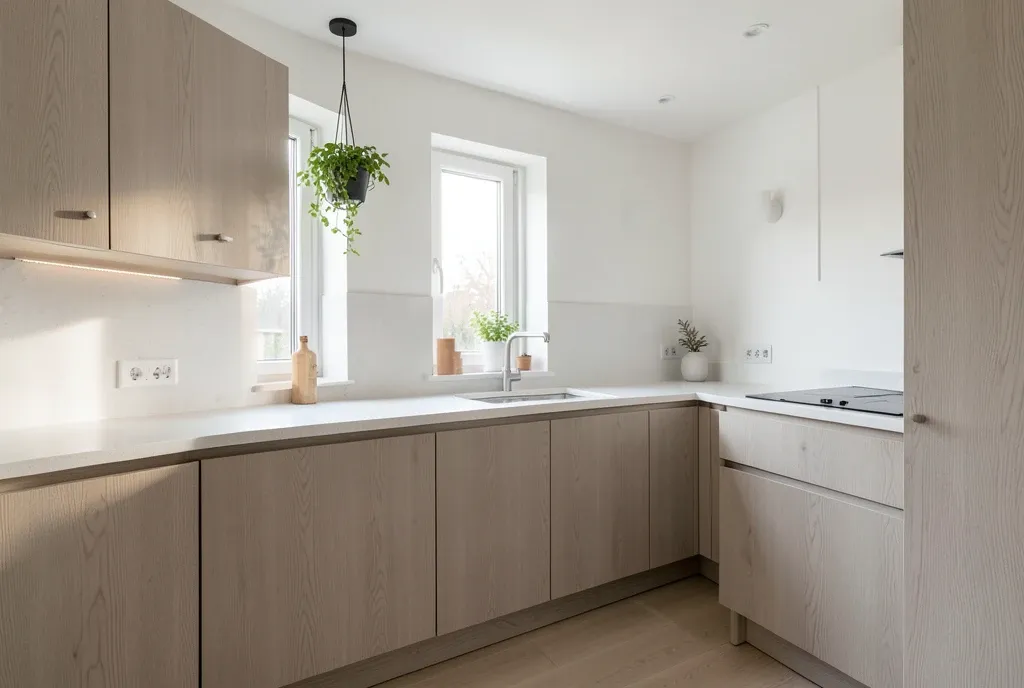 Scandinavian kitchen with pale oak cabinets, white counters and a small hanging plant in soft morning side light