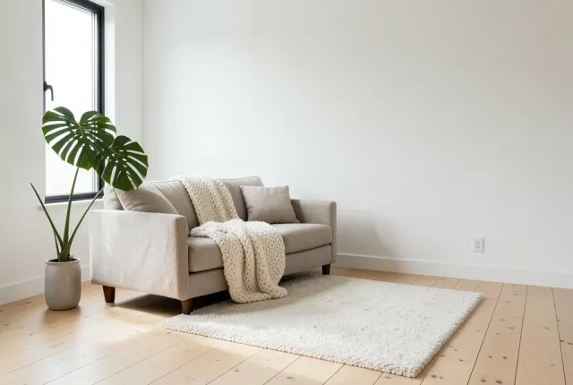 A Scandinavian living room with an oatmeal linen sofa, oak floors and a monstera in soft light