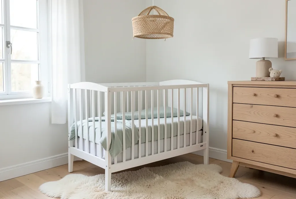 Scandinavian nursery with white crib, sage bedding, woven mobile, wood dresser, and sheepskin rug