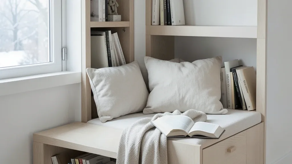 Scandinavian reading window seat with white and oak palette, cushions, and northern daylight