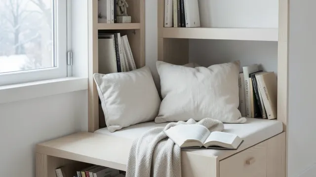 Scandinavian reading window seat with white and oak palette, cushions, and northern daylight