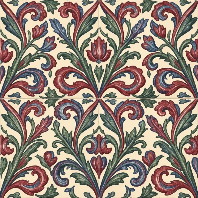 Norwegian rosemaling seamless pattern with floral scrolls in red blue and green on warm cream