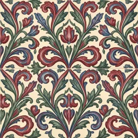 Norwegian rosemaling seamless pattern with floral scrolls in red blue and green on warm cream