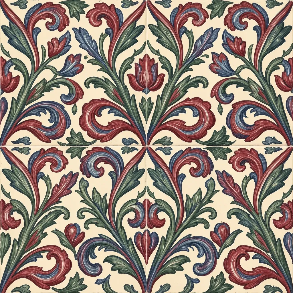 Norwegian rosemaling seamless pattern with floral scrolls in red blue and green on warm cream