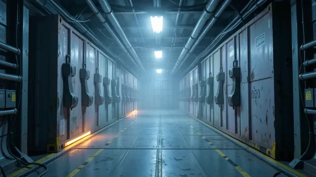 Deep-space freighter cargo hold with clamped containers, a gantry walkway and amber warning strip