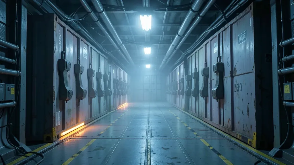 Deep-space freighter cargo hold with clamped containers, a gantry walkway and amber warning strip