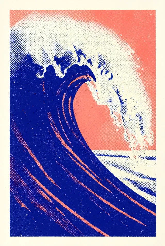 A breaking wave in coarse blue and coral halftone dots on off-white paper