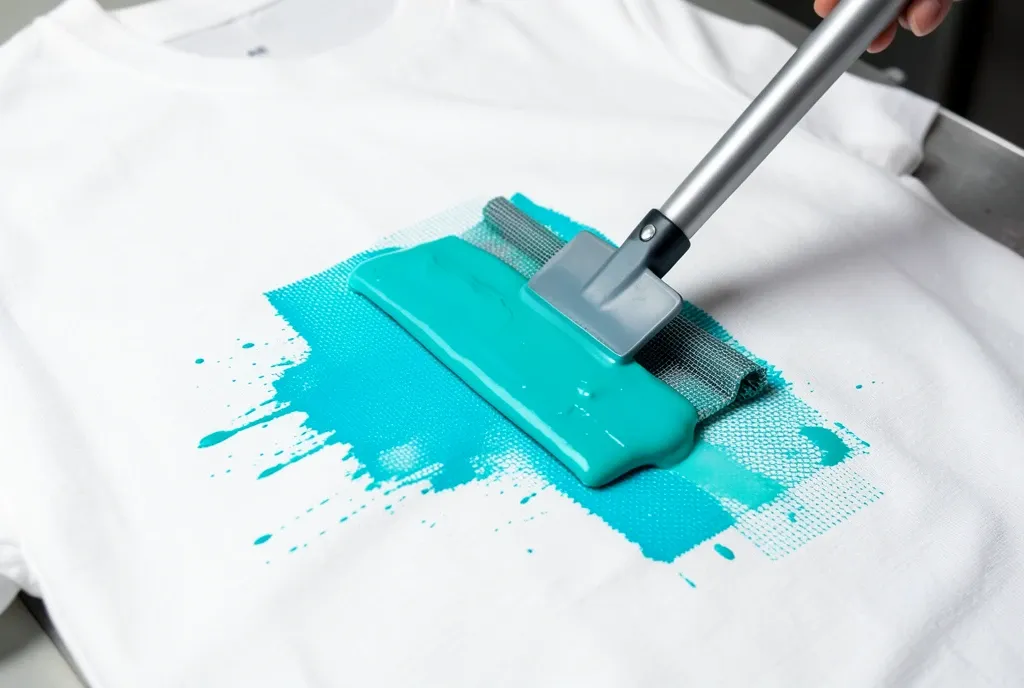 A squeegee pulling teal ink across a screen over a blank white t-shirt