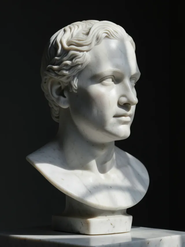 Classical white marble bust portrait with chisel detail under dramatic raking window light