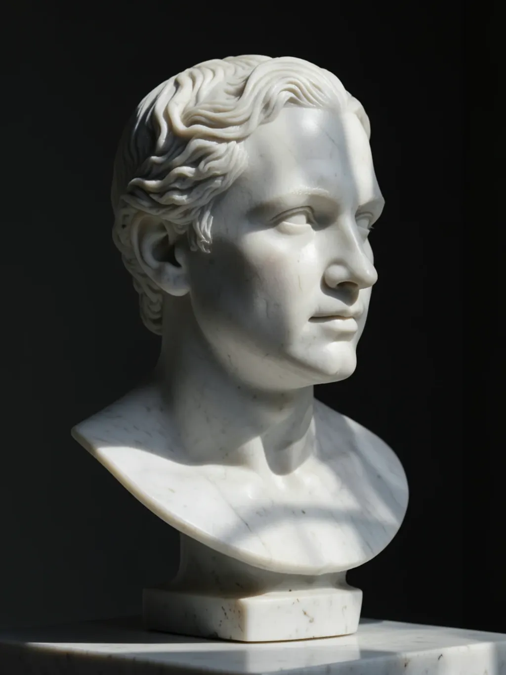 Classical white marble bust portrait with chisel detail under dramatic raking window light